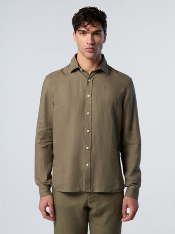 North Sails, Olive Linen Shirt With Embroidered Logo