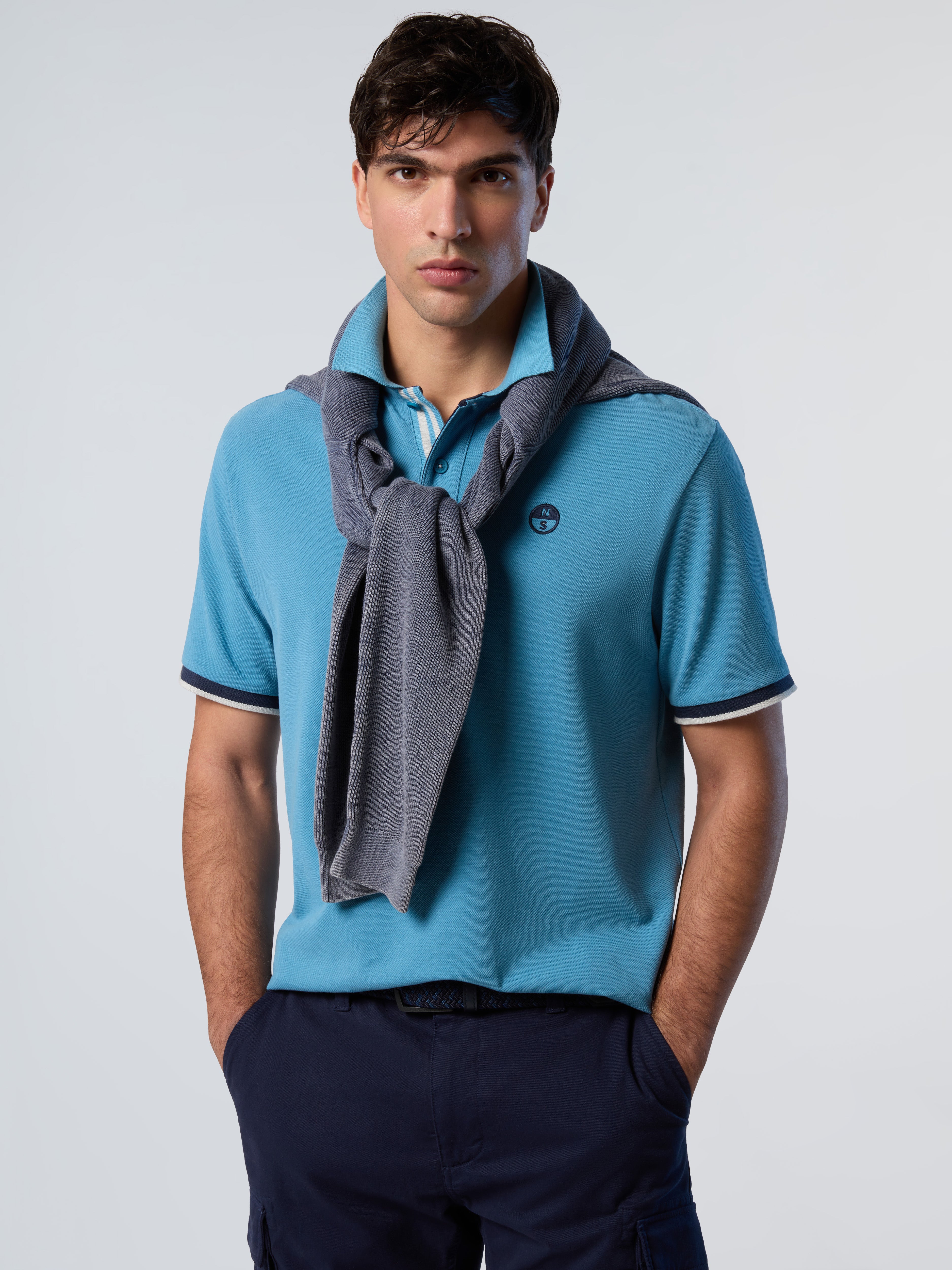 North Sails, Blue Polo Shirt With Striped Placket