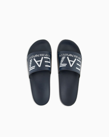 Emporio Armani, Logo Navy Slides with A Wide Band and Anti-Slip Rubber Soles