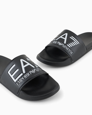 Emporio Armani, Logo Black Slides with A Wide Band and Anti-Slip Rubber Soles
