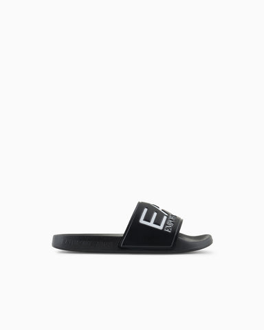 Emporio Armani, Logo Black Slides with A Wide Band and Anti-Slip Rubber Soles