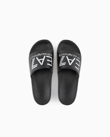 Emporio Armani, Logo Black Slides with A Wide Band and Anti-Slip Rubber Soles