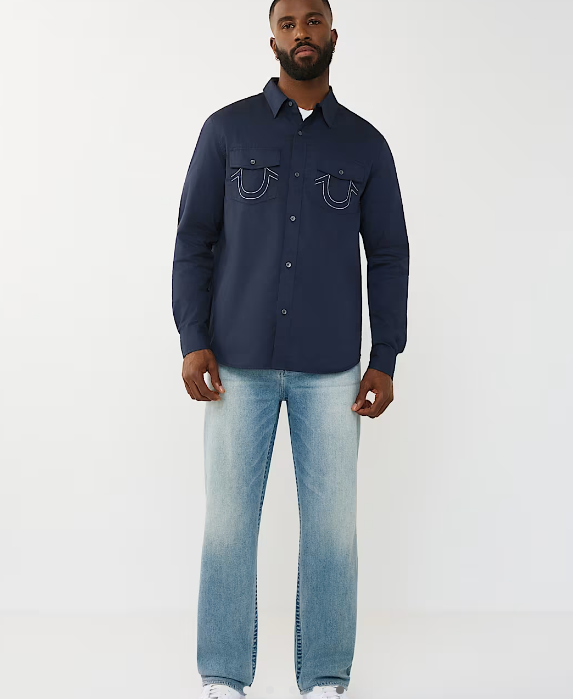 True Religion, Navy Arched Logo Cotton Twill Shirt