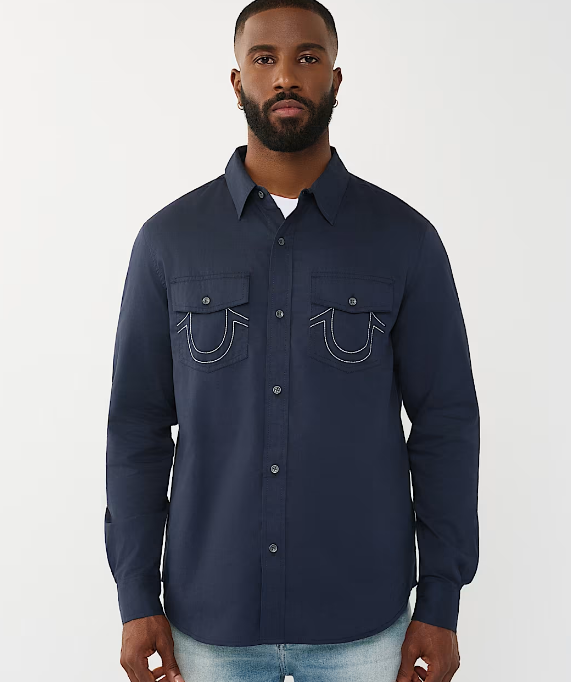True Religion, Navy Arched Logo Cotton Twill Shirt
