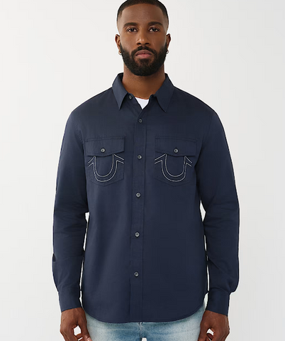 True Religion, Navy Arched Logo Cotton Twill Shirt