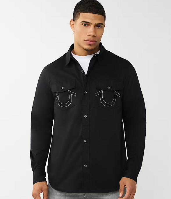 True Religion, Black Arched Logo Cotton Twill Shirt