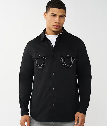 True Religion, Black Arched Logo Cotton Twill Shirt