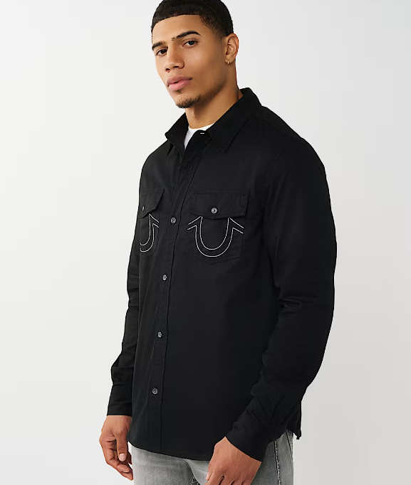 True Religion, Black Arched Logo Cotton Twill Shirt