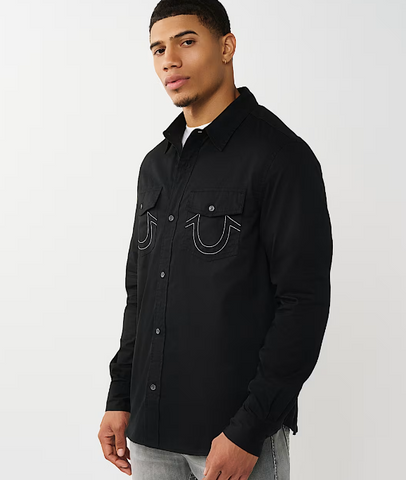 True Religion, Black Arched Logo Cotton Twill Shirt